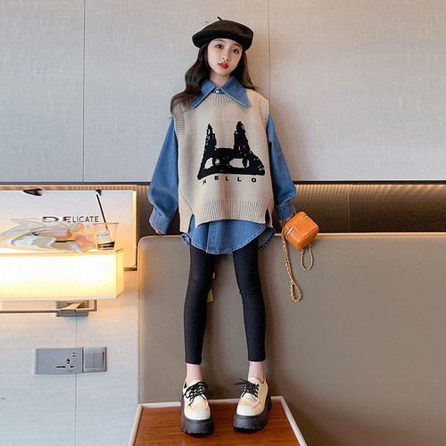 Spring Outfit 2024 New Fashionable and Trendy School Style Large Child Girl Set of Two Tops and Vests with Korean Style