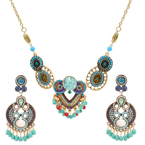 Retro Exotic Ethnic Style Bohemian Necklace Women's Earrings Set Travel Photo Pendant Forehead Jewelry Wholesale