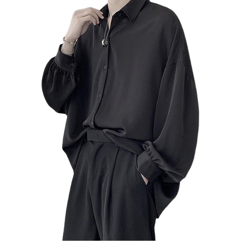 Primavera y otoño Nuevo estilo coreano de moda casual Camisa de manga larga de los hombres floja dobladillo plisado camisa uniforme DK