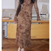 港风复古桃粉色碎花网纱印花连衣裙+内搭吊带裙子女春秋两件套装