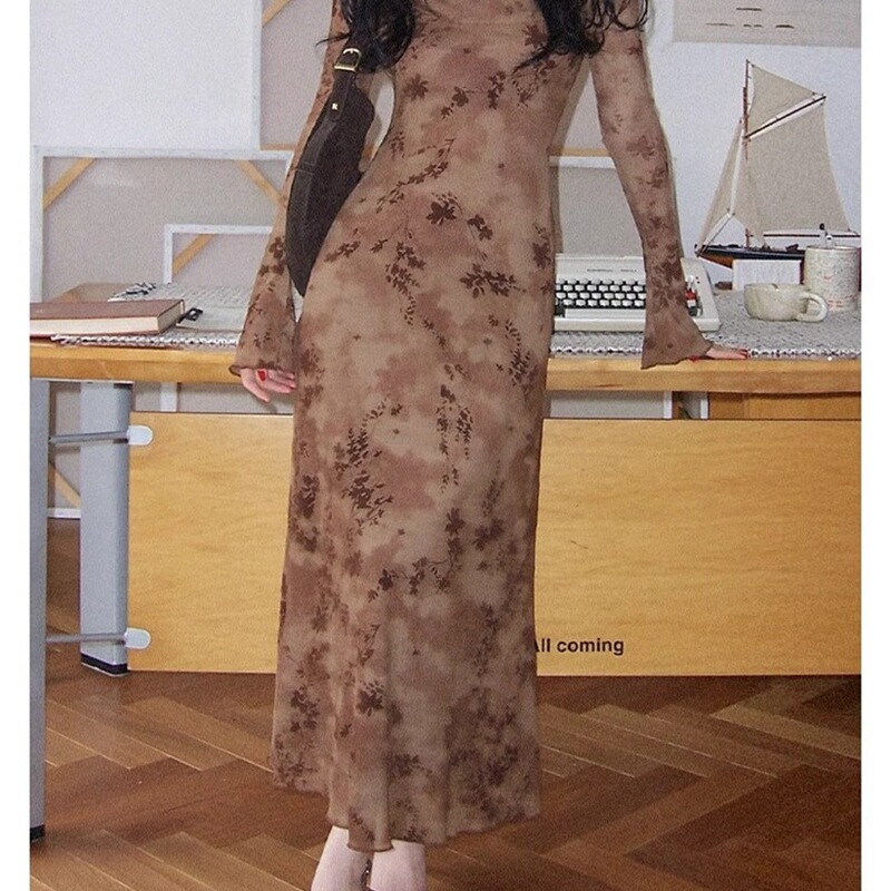 Hong Kong Style Retro Peach Pink Floral Mesh Printed Dress + Inner Suspender Skirt Women's Spring & Fall Two-Piece Suit Hong Kong Style Retro Peach Pink Floral Mesh Printed Dress + Inner Suspender Skirt Women's Spring & Fall Two-Piece Suit