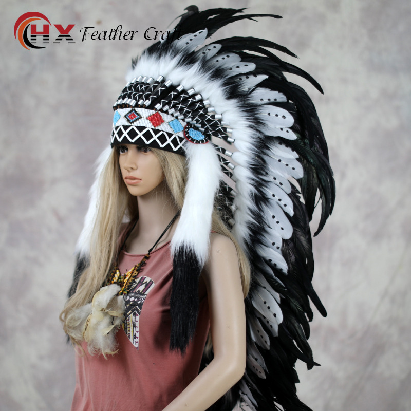 印第安酋长帽子黑白长款万圣节羽毛头饰原始非洲鼓野人表演出道具
