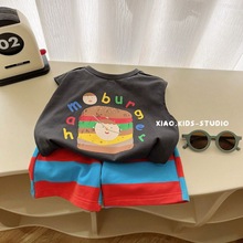 汉堡包~儿童卡通撞色印花圆领无袖T恤套装男童棉背心夏季套头无袖