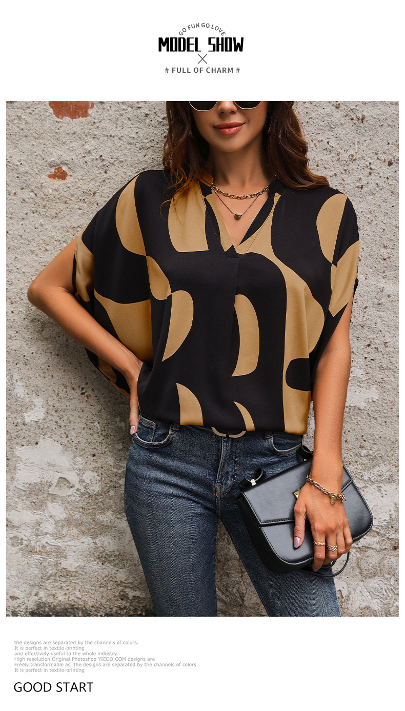 Printed Short-sleeved Pullover V-neck shirt_voghion.com