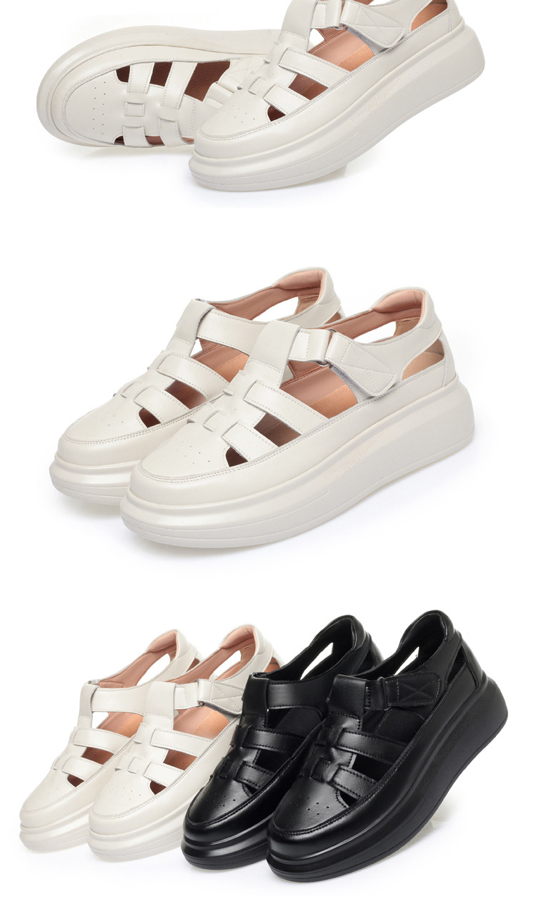 Dép sandal nữ da thật mũi kín quai chữ V đế dày — đen chi tiết 19