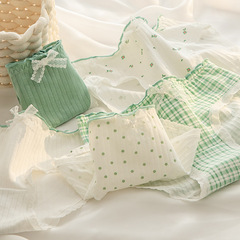 Japanese simple fresh green pastoral floral girl underwear women's pure cotton crotch mid-waist student briefs