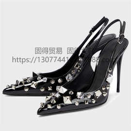 跨境独立站ins时尚走秀细高跟Rivet铆钉女凉鞋单鞋Sandals