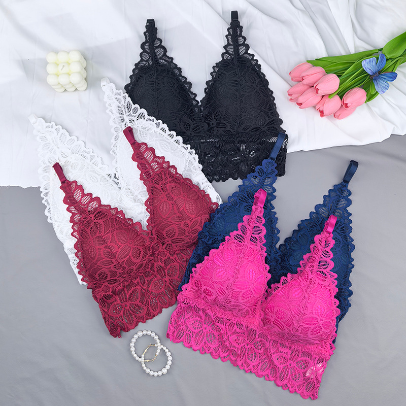 Bra de espalda francesa sexy de encaje de copa triangular envuelto en el pecho de la mujer sin marcas sin anillo de acero de la ropa interior del pecho