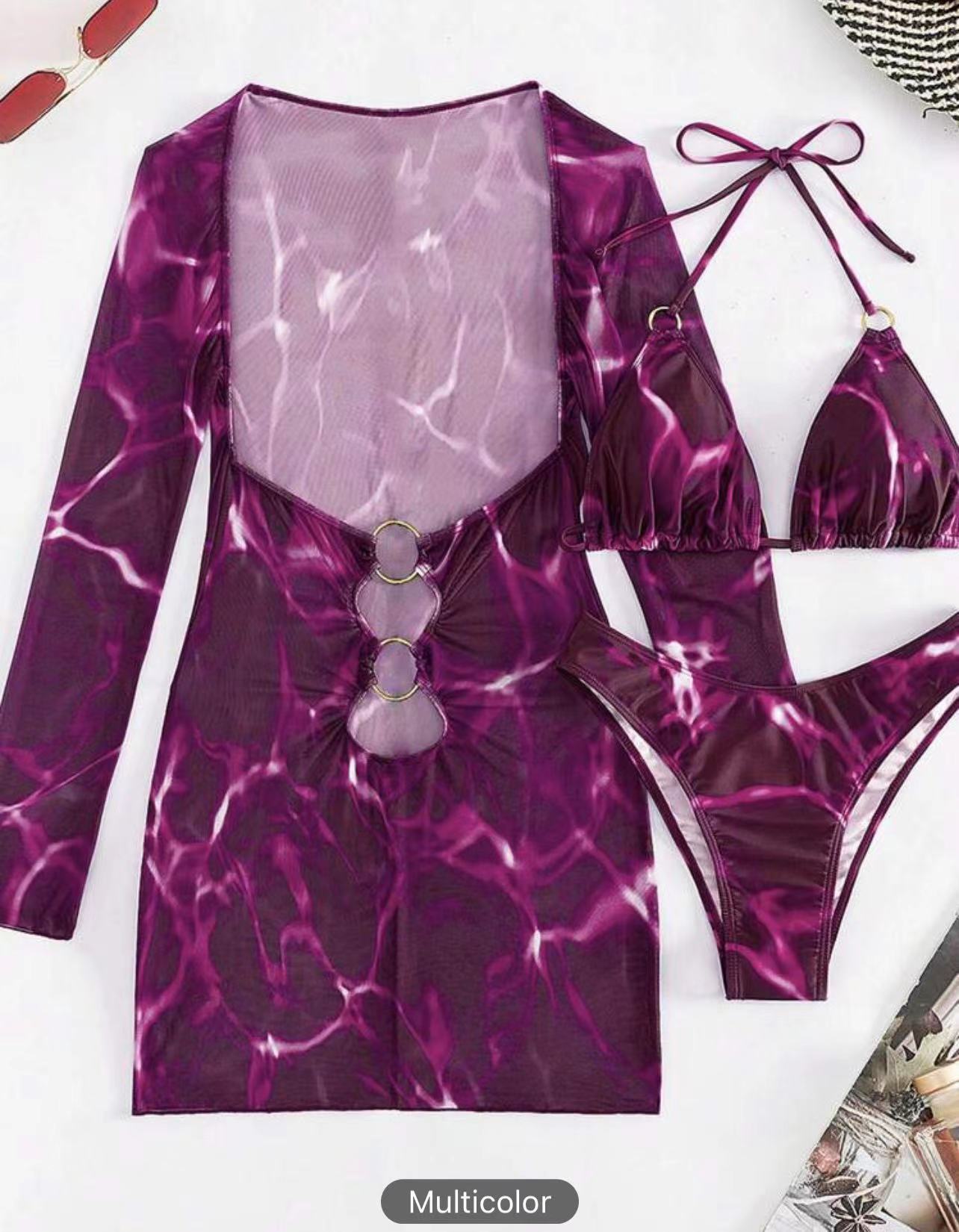 Solid Color Pattern Women's Solid Color 3 Pieces Set Bikinis Swimwear
