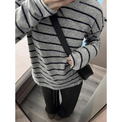 工厂直销 工厂批发条纹磨毛  韩系慵懒风圆领条纹长袖T恤女时尚上