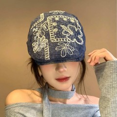 个性花朵刺绣牛仔前进帽女2025新款显脸小贝雷吗大头围鸭舌帽子潮
