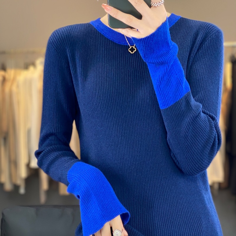 knitted spring sweater with a round collar