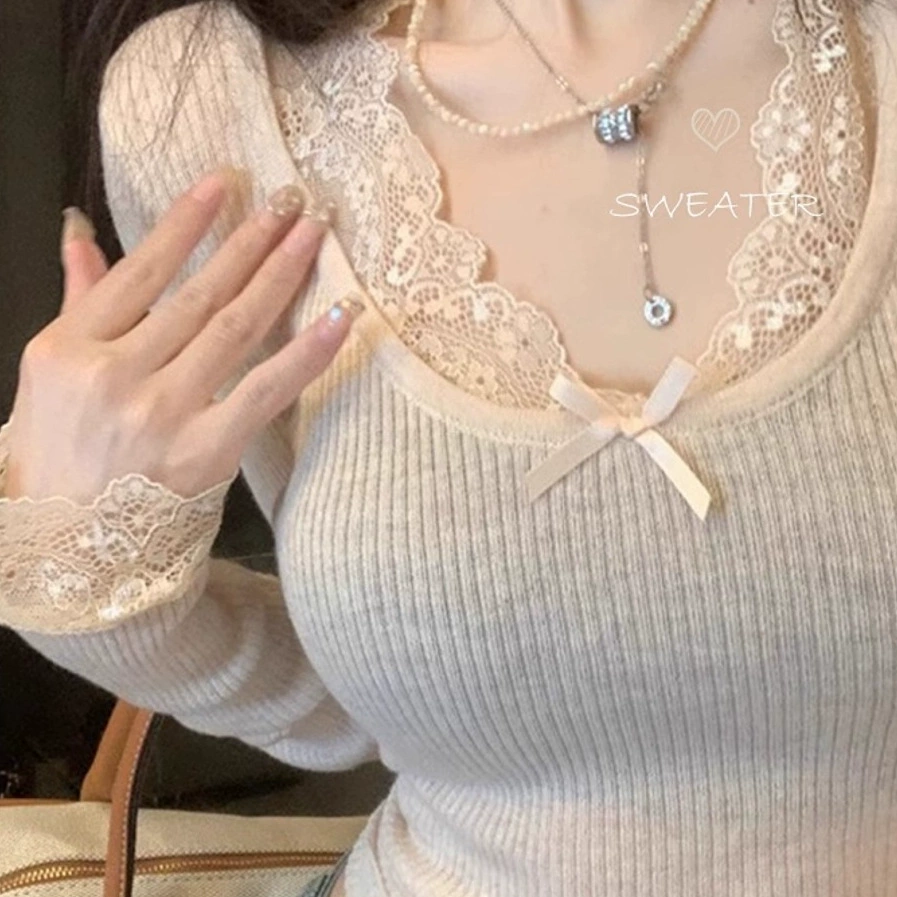 Горячая девушка чисто сексуальная кружевная сшитая вязаная рубашка с длинными рукавами