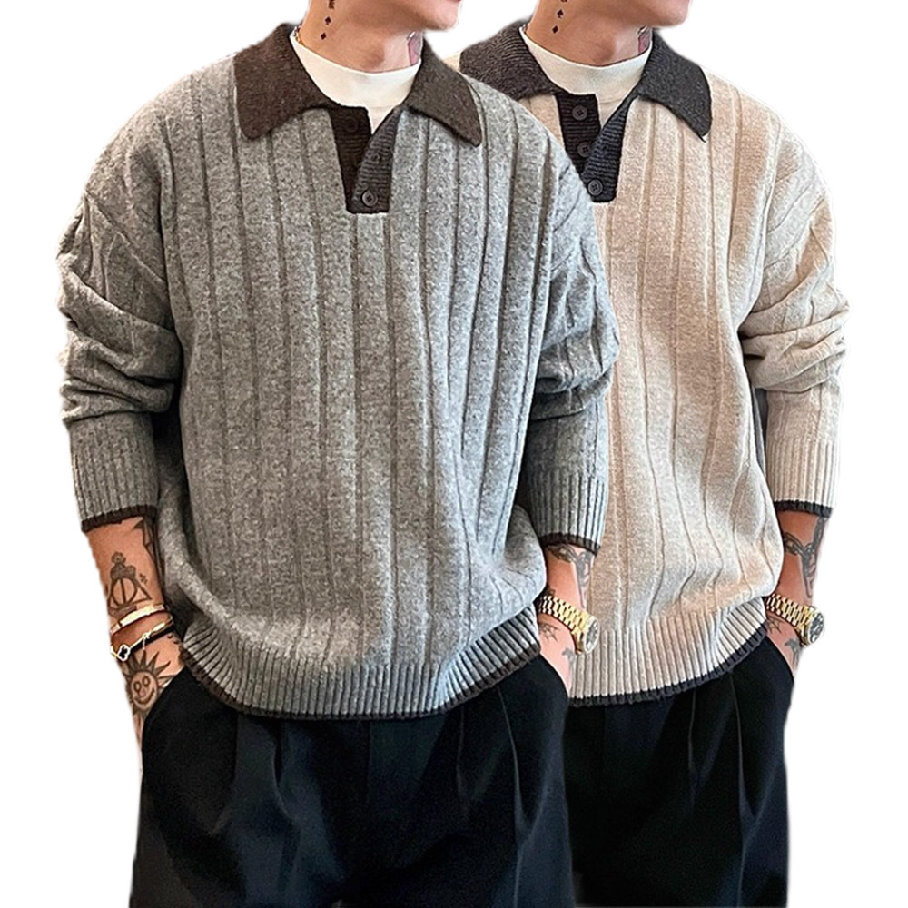 Explosiones transfronterizas de tamaño grande europeo polo camiseta con solapa camiseta de punto suéter hombre color viejo viento de otoño y invierno fábrica al por mayor