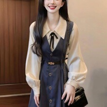 法式秋季文艺复古通勤新款背心连衣裙学院长袖衬衫减龄收腰两件套