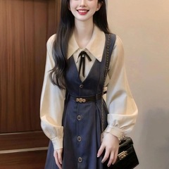 法式秋季文艺复古通勤新款背心连衣裙学院长袖衬衫减龄收腰两件套