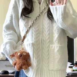 高级慵懒白色拉链麻花韩系针织毛衣2026新款秋冬宽松开衫外套