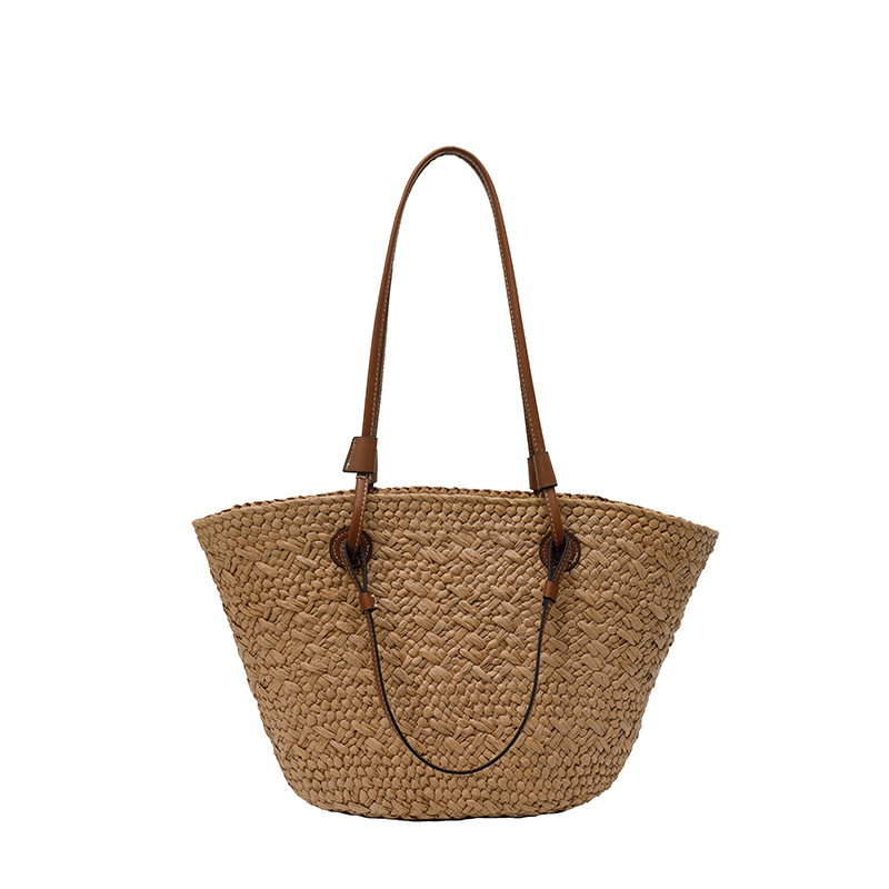 Stylish Solid Color Woven Bag, Large Capacity Vacation Straw Tote Bag, Market Basket Bag For Women (Available In Small And Large) - Thumbnail 5