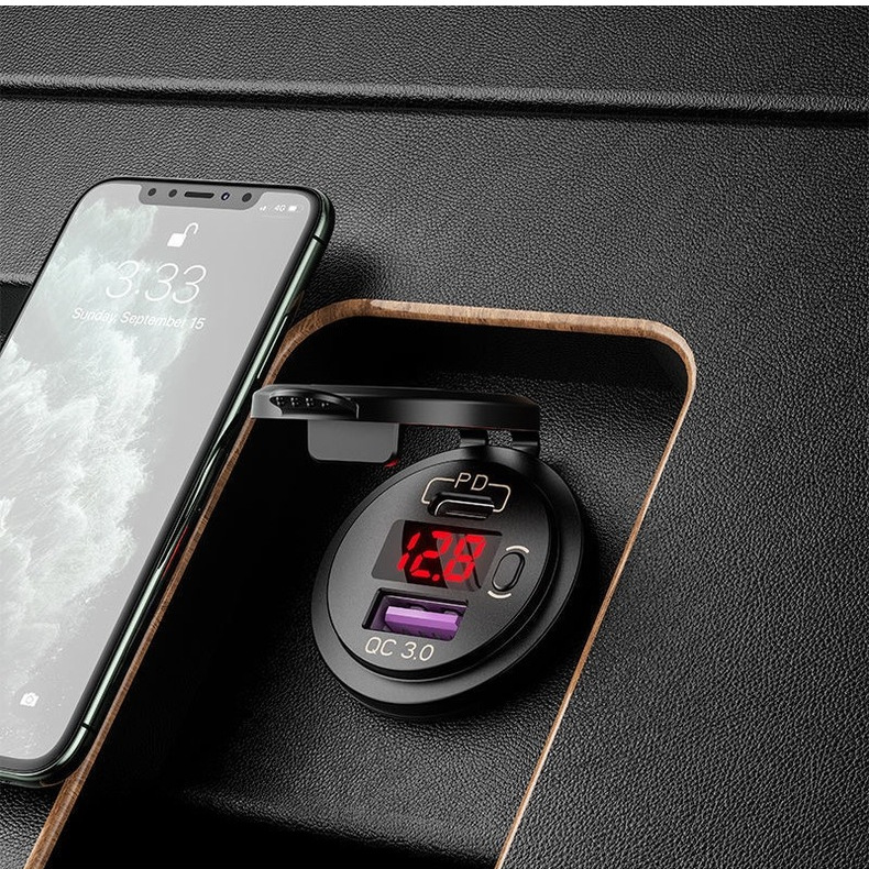 Car modification dual USB mobile phone car charger PD+QC digital display voltage button switch fast charging waterproof car charger