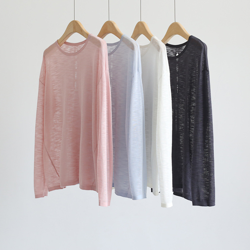 Summer Korean-Style Linen Round-Neck Long-Sleeve Rolled-Edge Pullover with Back Cutout Knit Top, Thin and Slightly Sheer Blouse for Women Summer Korean-Style Linen Round-Neck Long-Sleeve Rolled-Edge Pullover with Back Cutout Knit Top, Thin and Slightly Sheer Blouse for Women