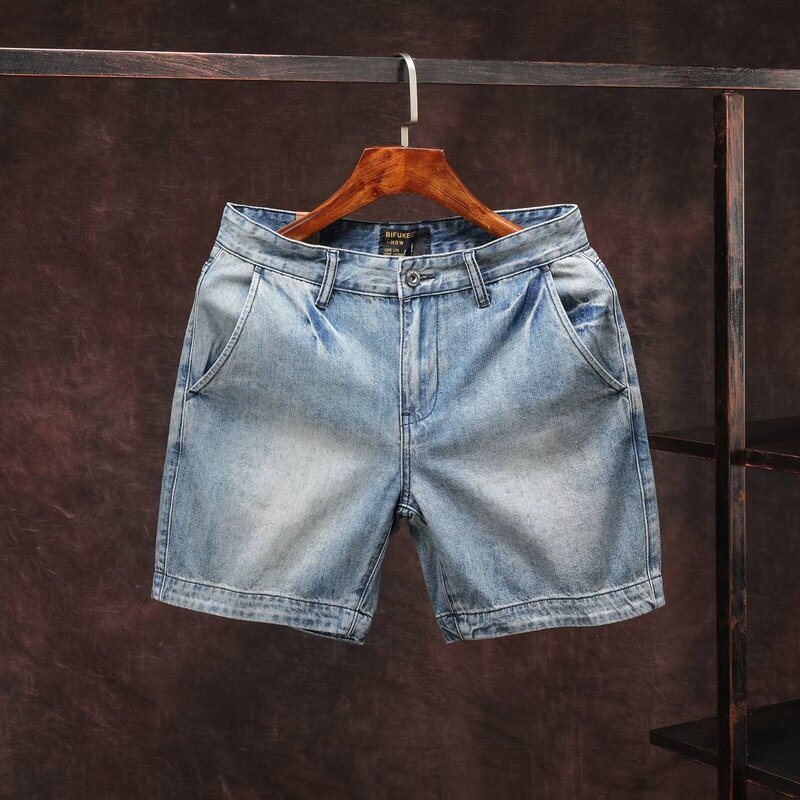 Men's Denim Shorts, Three-Quarter Length, Summer Vintage Trendy Brand, Washed Slim Fit, Ultra-Short Shorts