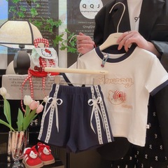 女の子スーツ夏の新しい立体リボン半袖レースTシャツショーツAタイプ純綿甘い親子スーツ