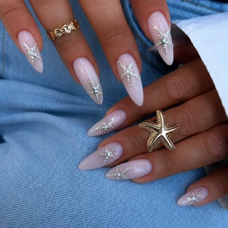 跨境穿戴甲甲片高级感立体镶钻海星裸色杏仁美甲pressonnails甲片
