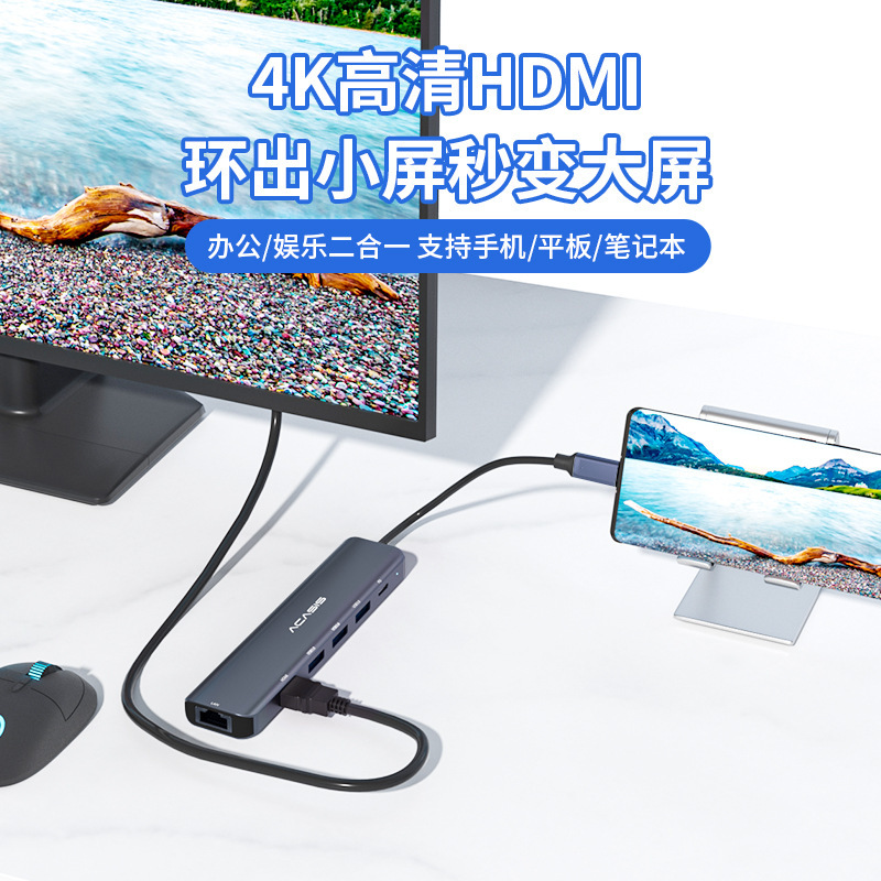 type-c扩展坞6合1铝合金笔记本手机千兆网口集线器100W快充分线器|undefined