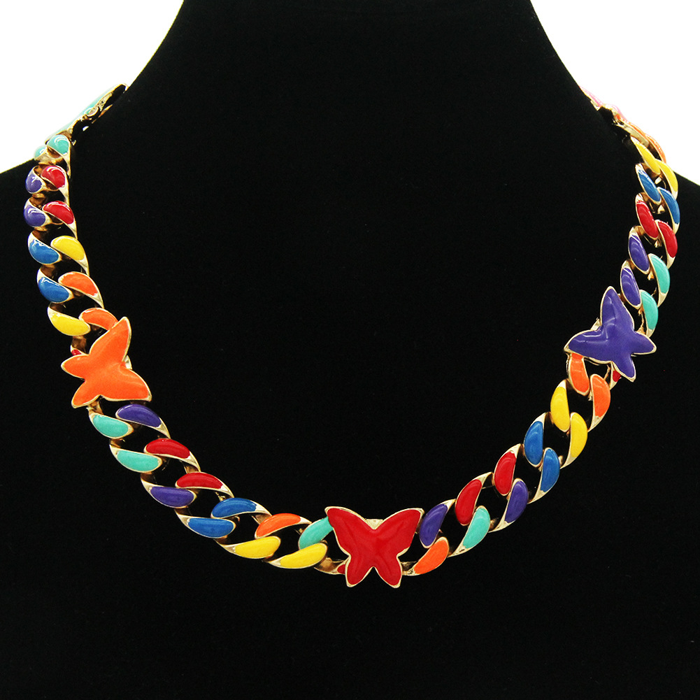 Fashion Hip-hop Color Dripping Oil Butterfly Cuban Chain Necklace display picture 1