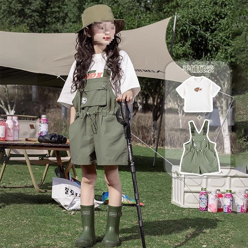 Korean Style New Two-Piece Short-Sleeved T-Shirt Medium and Large Children's Style Overalls Suit Summer Girls Summer Clothes Cotton Girls