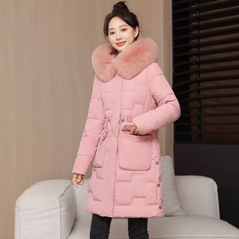 Algodón de invierno de mujer coreana chaqueta de algodón 2025 nuevo estilo coreano de cintura larga delgada chaqueta de algodón de cuello grande engrosado
