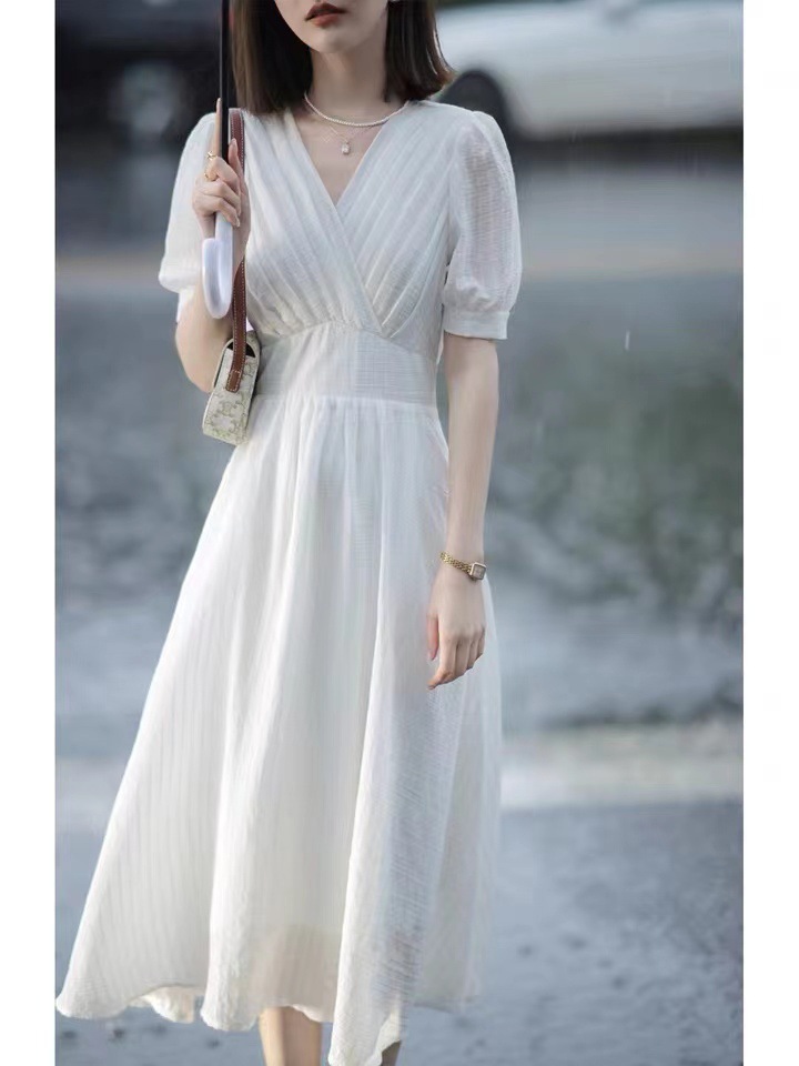 Đầm maxi nữ cổ V lưng cao chất Tencel mềm mại — Màu trắng chi tiết 3