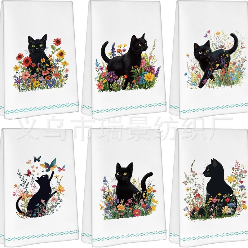 Cross-Border Hot Selling Black Cat Kitchen Towel Dish Towel Farmhouse Seasonal Kitchen Dish Towel Factory Direct Sale