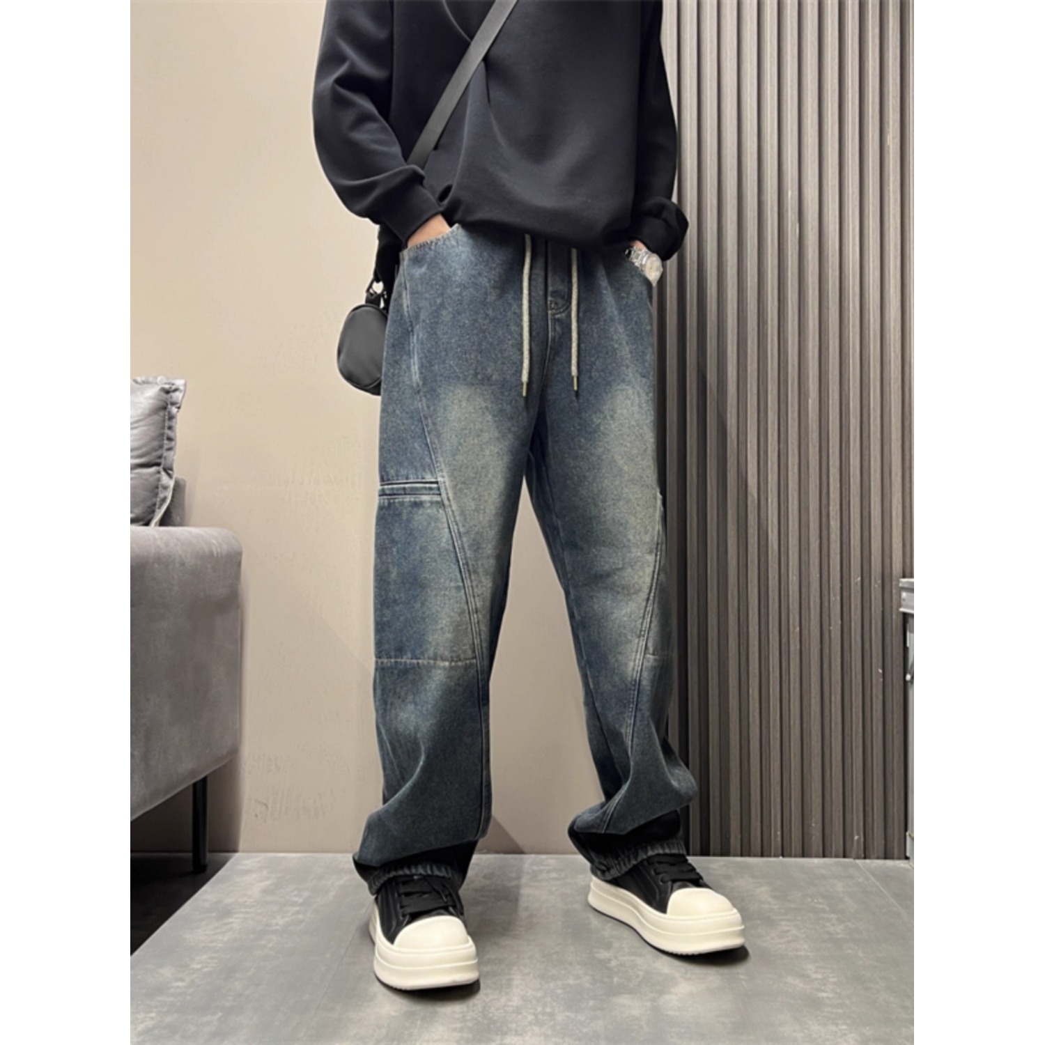 Men's Smoky Gray Washed Retro Straight Leg Jeans Style High Street Loose Fit Trendy Slimming Casual Slightly Flared Trousers_mkmklike.com