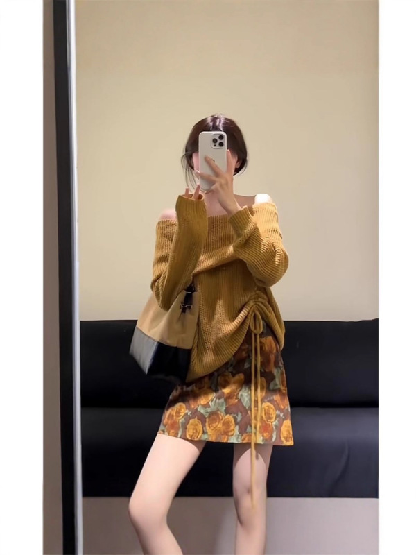 2025早秋新款女法式复古荡领长袖针织上衣百搭高腰显瘦印花半身裙|undefined