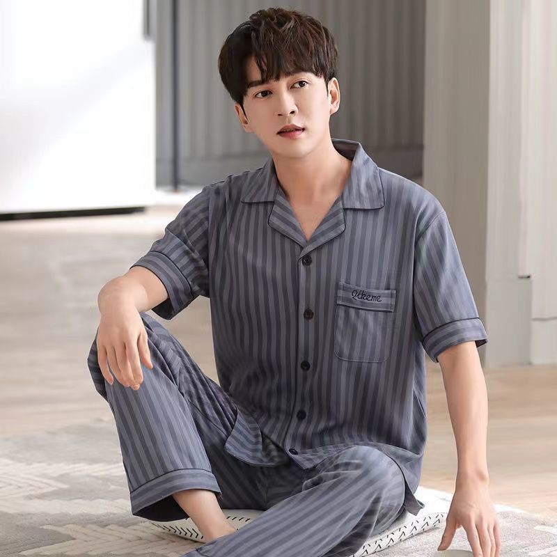 Pijama de algodón para hombre ropa de verano de manga corta para el hogar traje de dos piezas de algodón delgado de verano para hombres