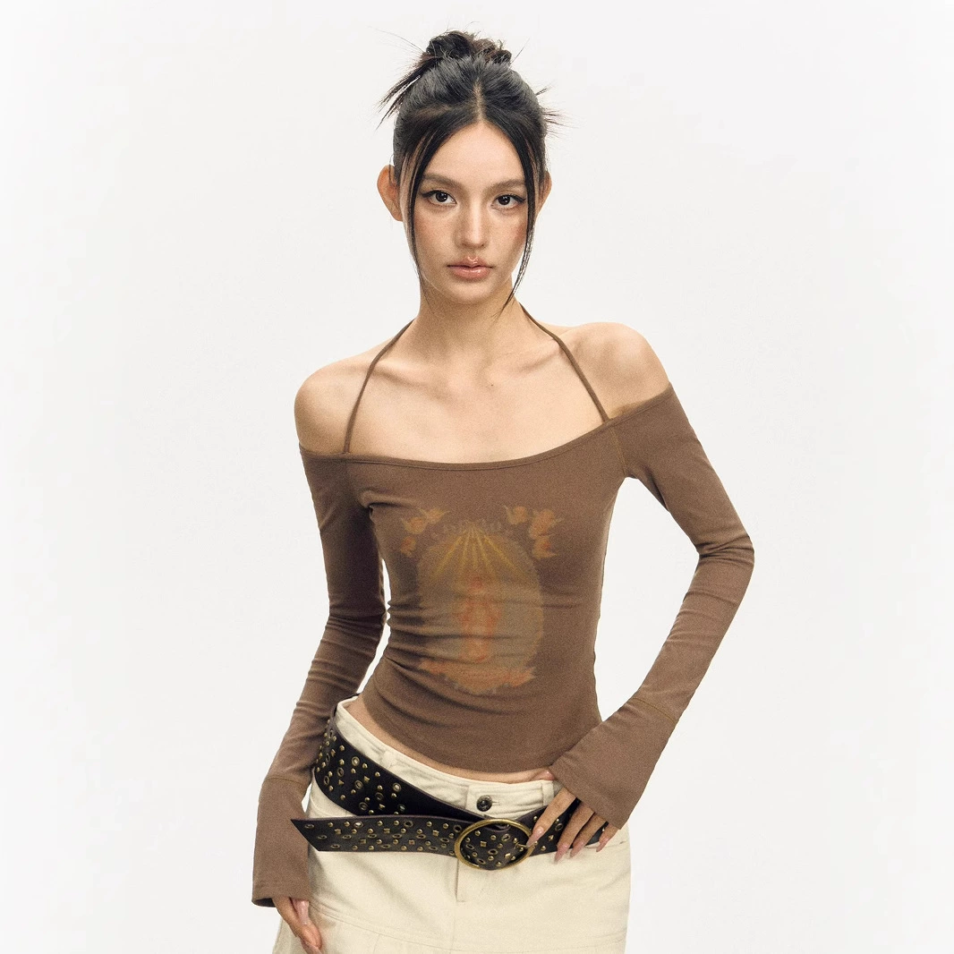 Американский ретро горячая девушка с надписью на плече и шею Богоматерь с принтом с длинными рукавами футболка женская осень новый топ