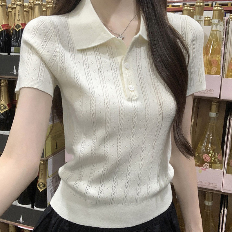 Factory Direct Sale Polo Collar Jacquard Knit Short-Sleeve 2026 Spring/Summer Stylish Slim-Fit Hollow-Out Base Shirt Top Factory Direct Sale Polo Collar Jacquard Knit Short-Sleeve 2026 Spring/Summer Stylish Slim-Fit Hollow-Out Base Shirt Top