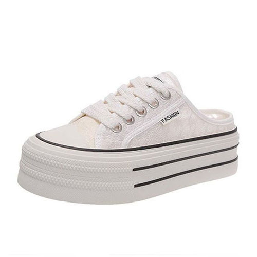 Thick sole lace canvas slippers for women's outer wear 2026 spring and summer new style slip-on baotou semi-drag small white shoes