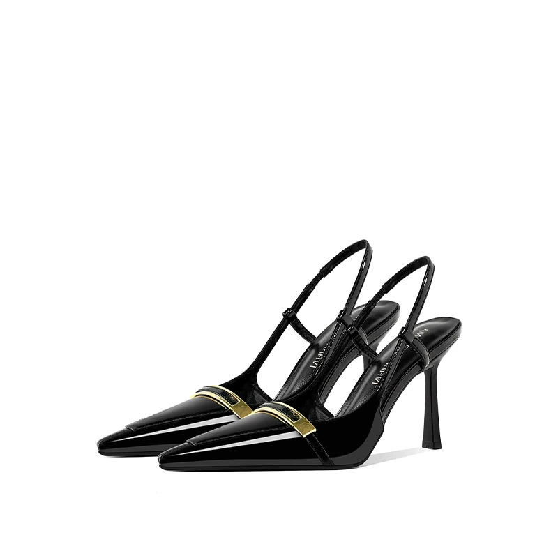 [Готовый запас] 2025 Европейский и американский новый стиль, сандалии-стилето с металлической пряжкой, квадратным носком, из лакированной кожи, сексуальные женские туфли с задним ремешком и закрытым носком.