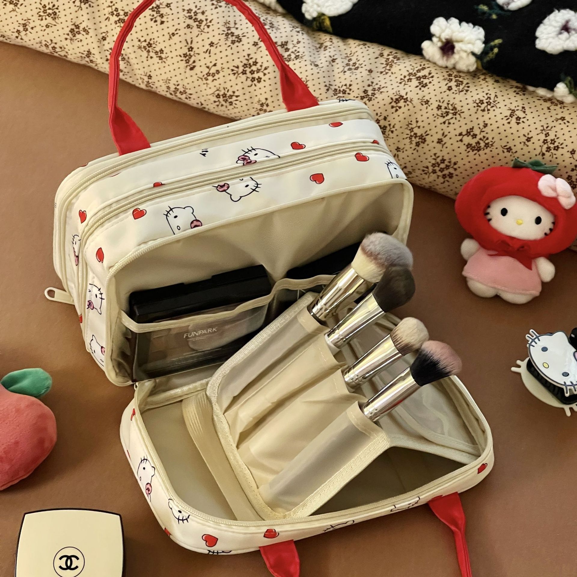 Nuevo lindo gato de tres capas bolsa de maquillaje de gran capacidad portátil almacenamiento de viaje portátil bolsa de lavado de partición portátil