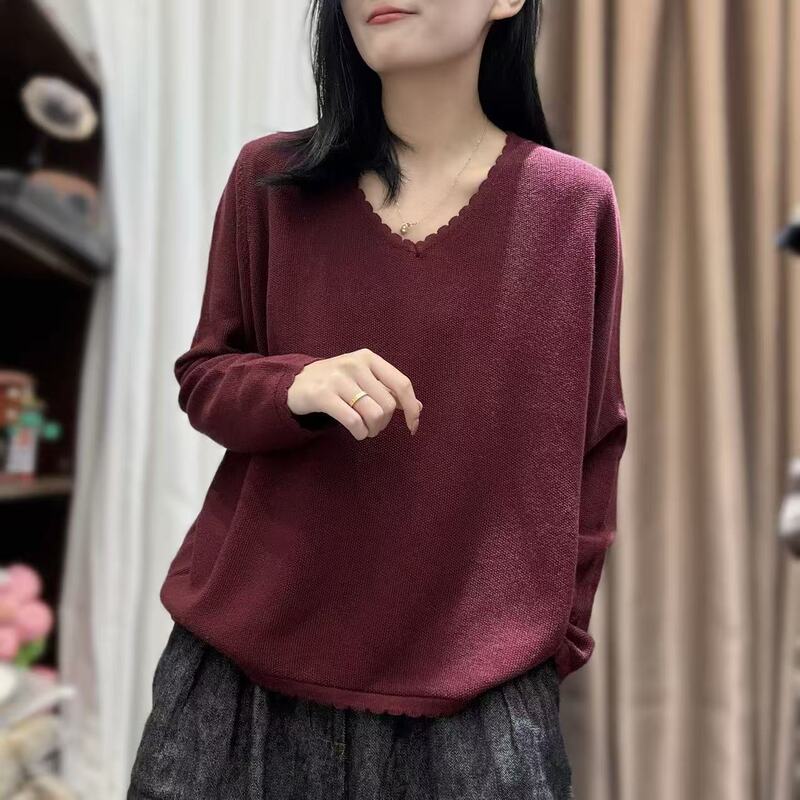 2025秋韩版宽松简约V领波浪边纯色套头针织衫百搭毛衣上衣女0820|undefined
