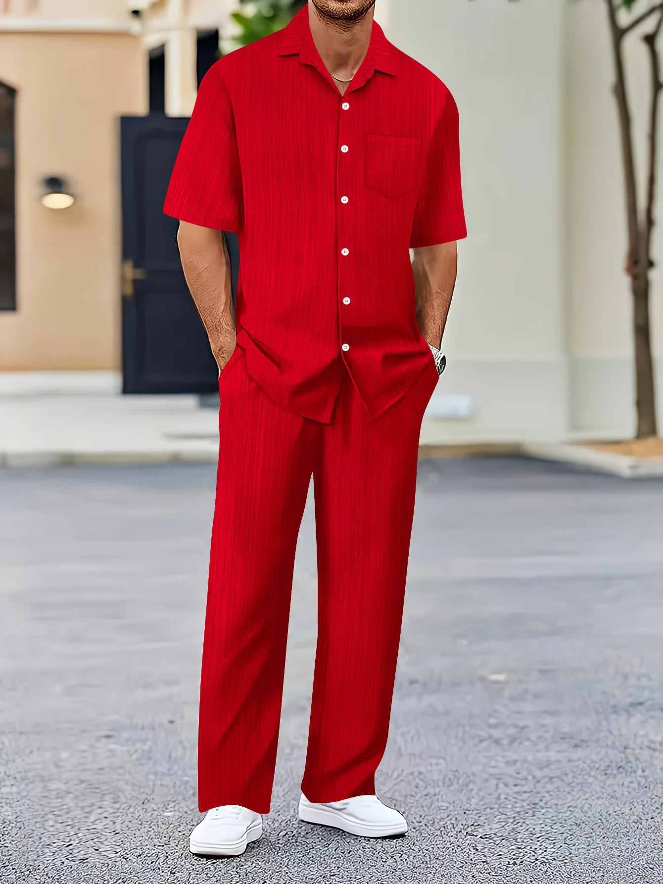 Herren Freizeit Hemd Und Hose Set Mit Wellenmuster Für Pendler_voghion.com