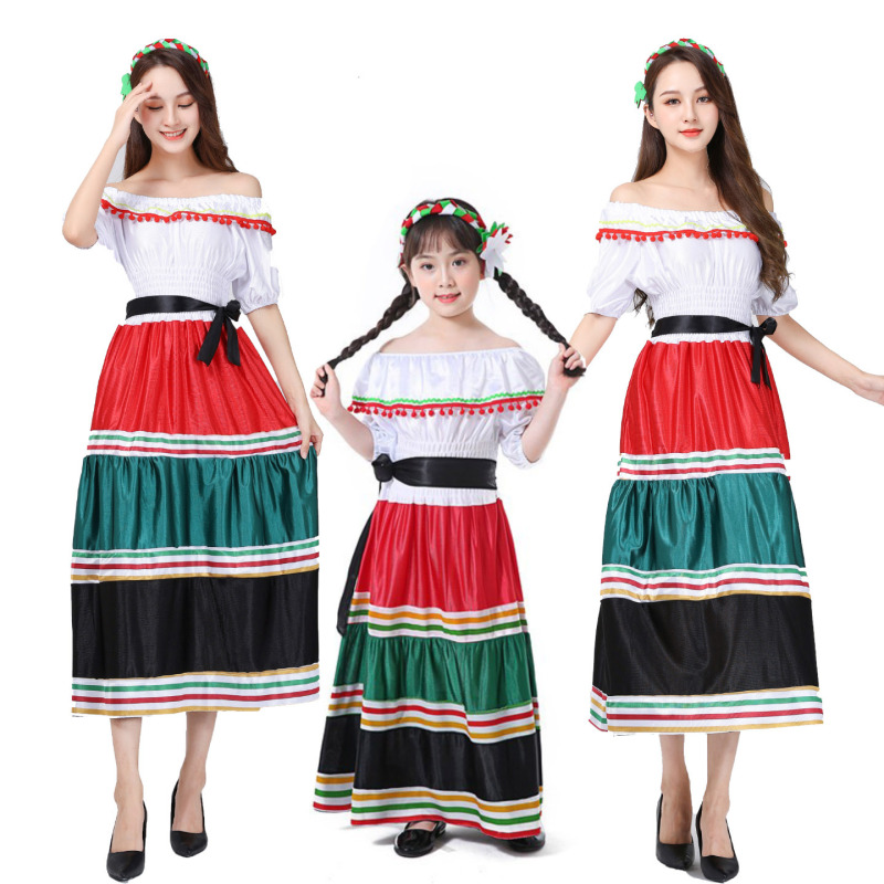 Halloween Mexican Ethnic Traditional Costume Cos Mexican Little Girl Colorful Dress Parent-Child Performance Costume Halloween Mexican Ethnic Traditional Costume Cos Mexican Little Girl Colorful Dress Parent-Child Performance Costume