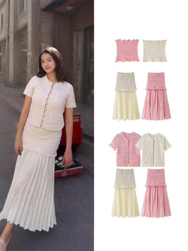 クロスボーダー卸売ヨーロッパとアメリカのファッション婦人服 2025 夏の新弾性ニットチューブトップ半袖ファッションスカートスーツ|undefined