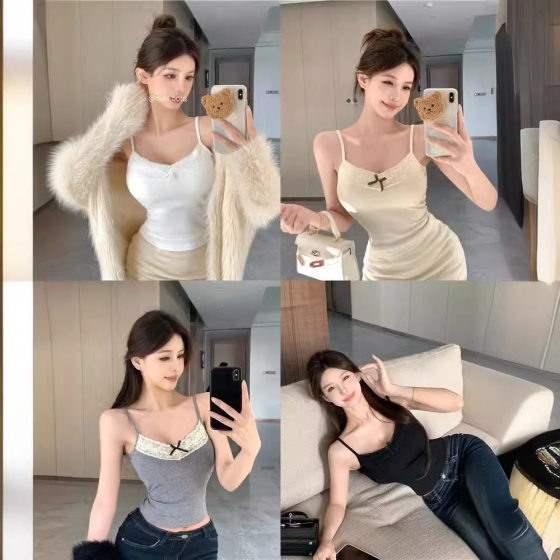 Bow Lace Camisole with Breast Pads for Women with Slim Fit Gray Sweet Hottie Bottoming Top