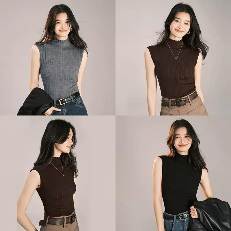 Cross-border Spring and Summer Half-high Neck Small Camisole Vest Women's All-match Base Shirt Knitted Sweater Vest Sleeveless Short Top