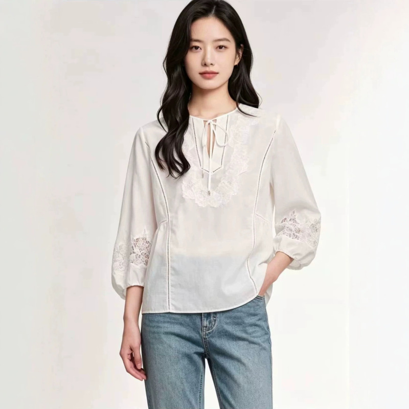 Yazhong Women's Clothing Mall's Same Style 2026 Summer New Product: Elegant and Gentle Hollow-Out Embroidered Round-Neck Tie-Up Long-Sleeve Shirt Yazhong Women's Clothing Mall's Same Style 2026 Summer New Product: Elegant and Gentle Hollow-Out Embroidered Round-Neck Tie-Up Long-Sleeve Shirt