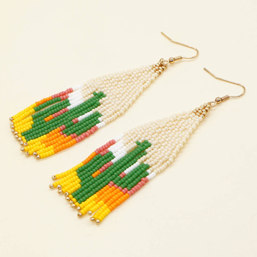 Retro Cactus Glass Beaded Tassel Women's Drop Earrings 1 Pair display picture 4