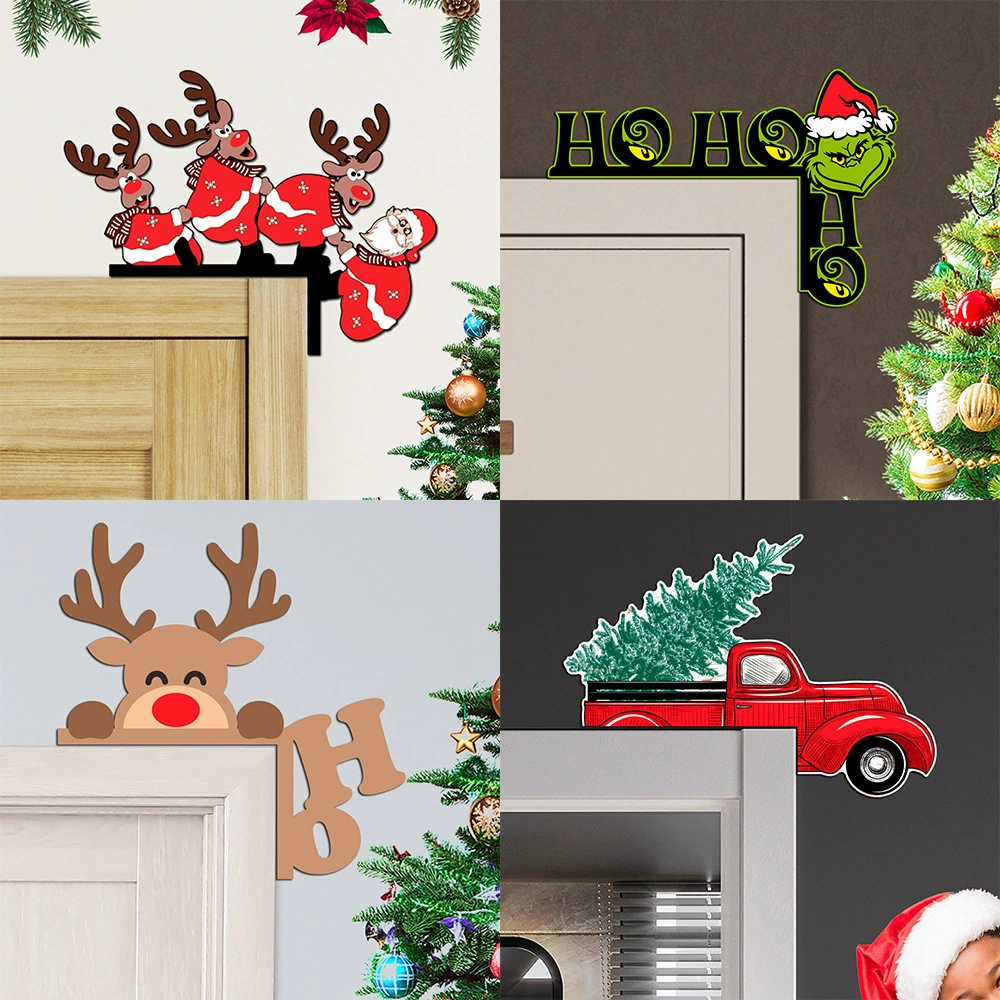 2024 трансграничная рождественская наклейка на углу двери Санта-Клаус лось Гринч деревянный креативный дверной орнамент наклейка на стену